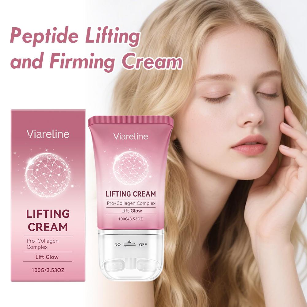 Peptide Neck Cream - Viareline Peptid-Lifting-Straffungscreme, Pro-Kollagen Halscreme mit Rollmassagegerät,